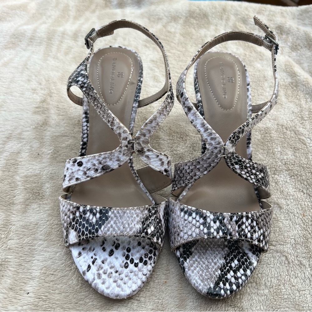 Bandolino Snake-Print Strappy Heeled Sandals - Black & White size 6.5